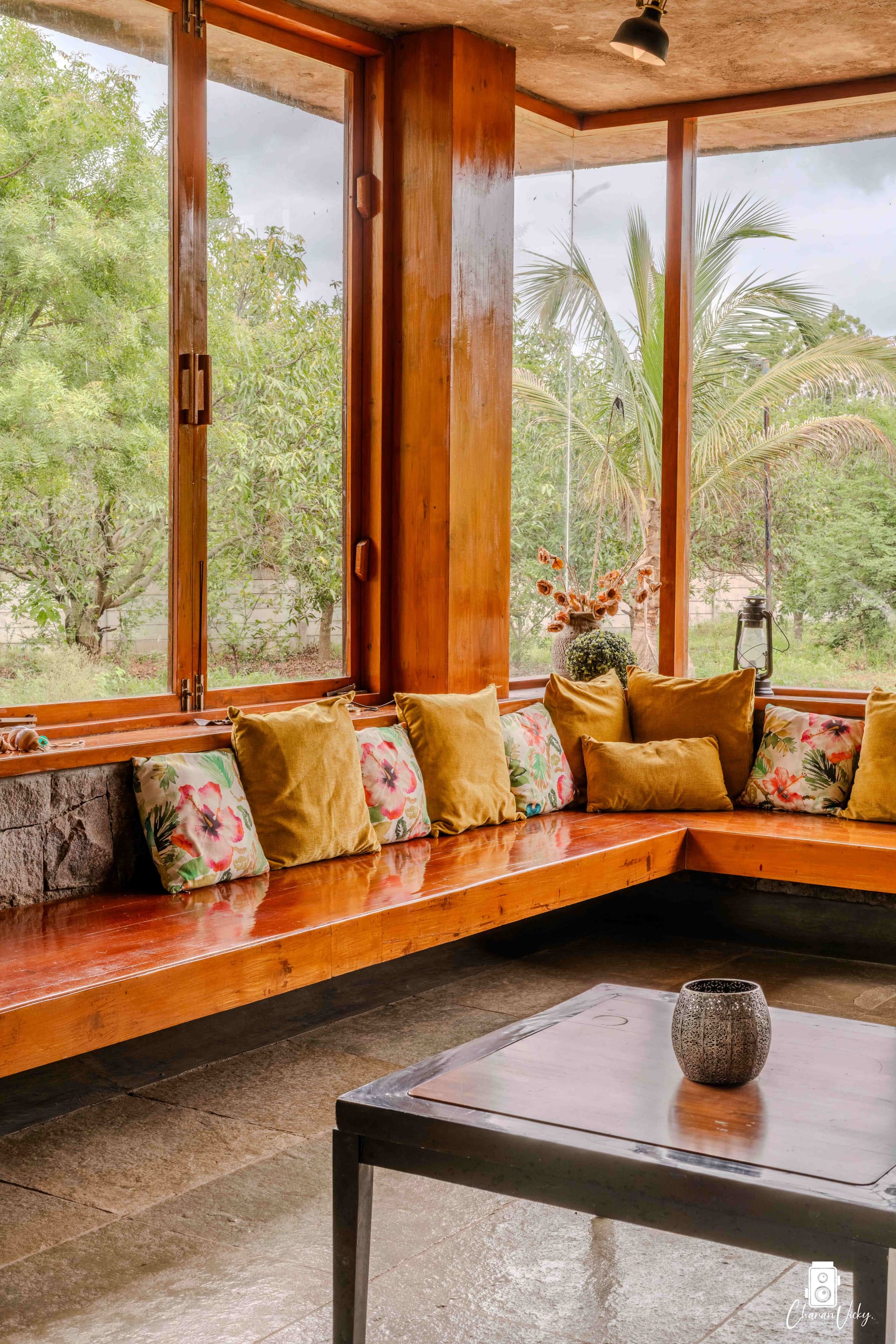 Warm window seat and mustard cushions